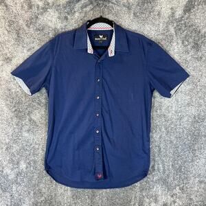 Butter Cloth Shirt Mens Large Navy Blue Short Sleeve Button Front Contrast Trim